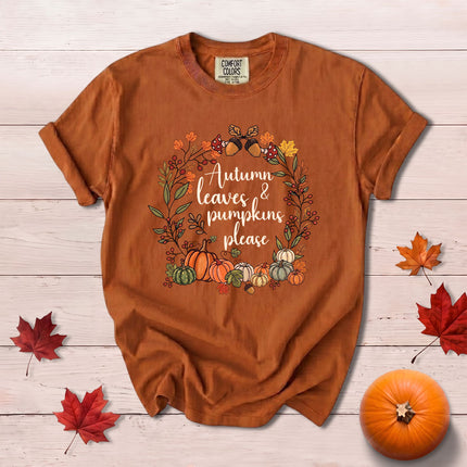 Comfort Colors Fall Autumn Leaves Pumpkins Wreath Thanksgiving T-Shirt