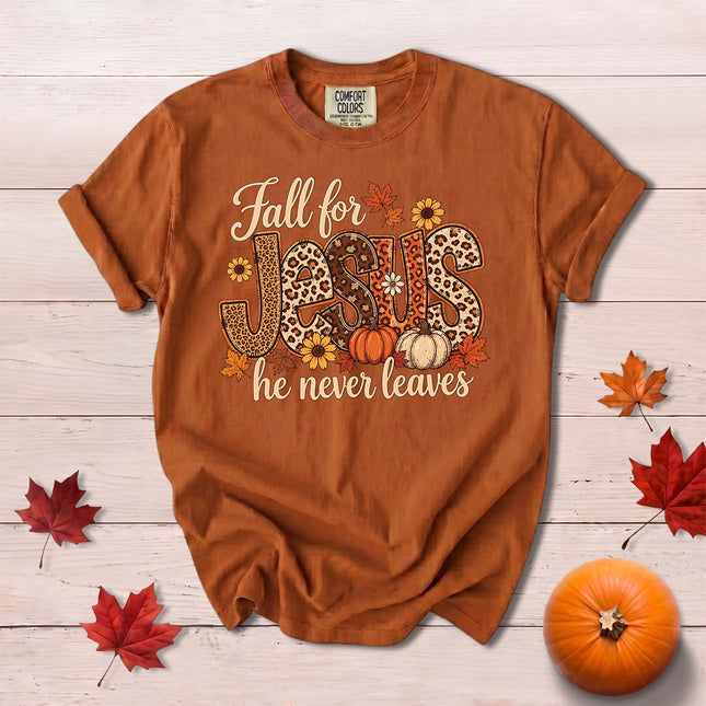 Comfort Colors Fall for Jesus He Never Leaves Leopard Pumpkin Christian T-Shirt