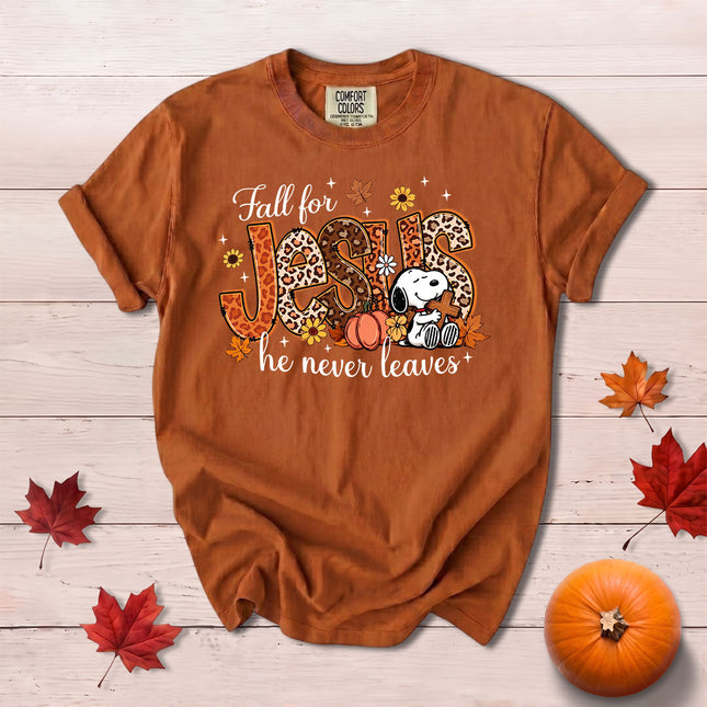 Comfort Colors Fall for Jesus He Never Leaves Leopard Pumpkin Christian T-Shirt