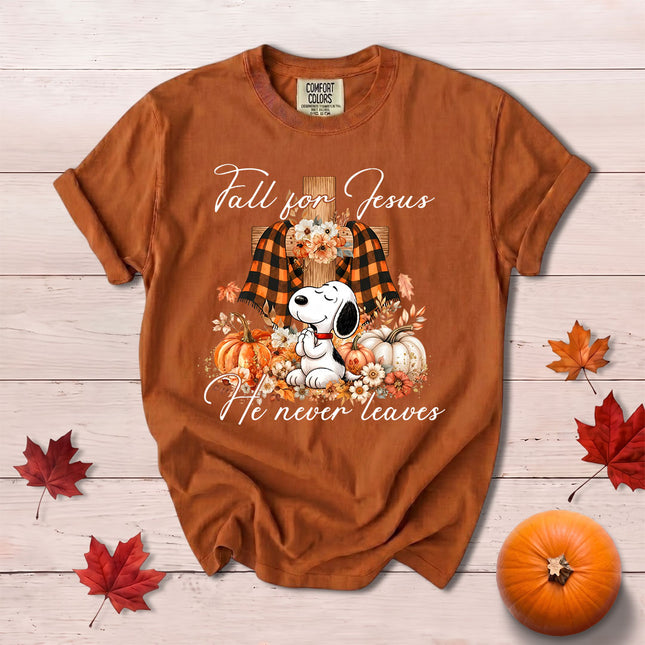 Comfort Colors Fall for Jesus He Never Leaves Plaid Cross Pumpkin T-Shirt