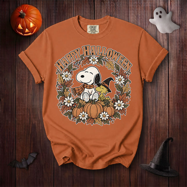 Comfort Colors Happy Halloween Pumpkin Floral Wreath Graphic T-Shirt