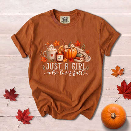 Comfort Colors Fall Autumn Just A Girl Who Loves Fall Pumpkin Coffee Cozy T-Shirt