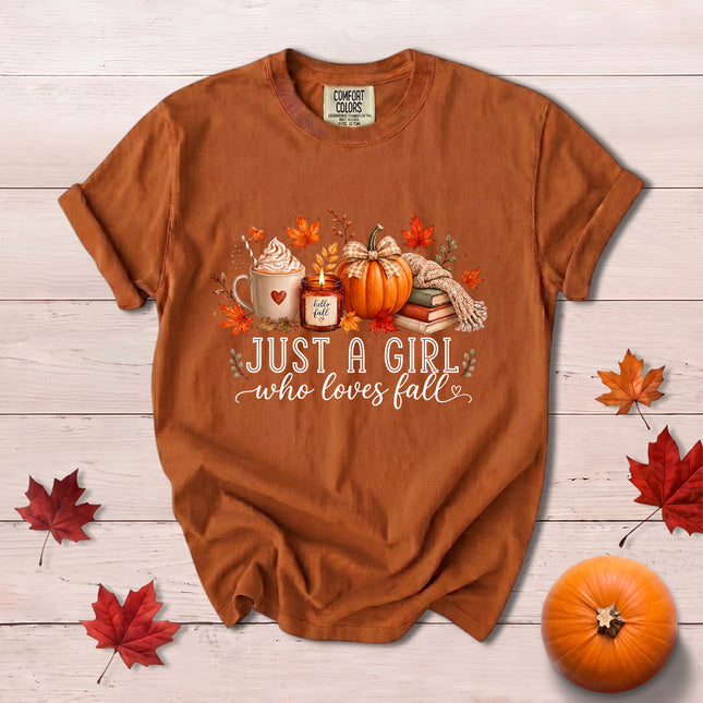 Comfort Colors Fall Autumn Just A Girl Who Loves Fall Pumpkin Coffee Cozy T-Shirt