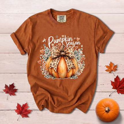 Comfort Colors Fall Autumn Pumpkin Season Leopard Bow Thanksgiving T-Shirt