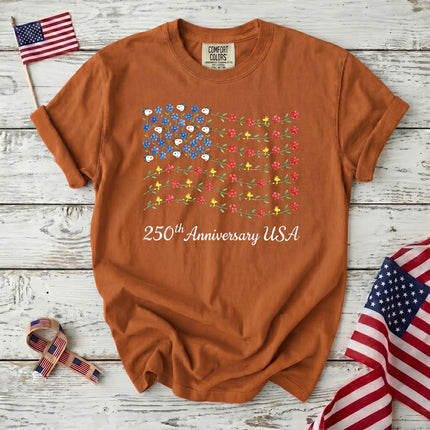 Comfort Colors 250th Anniversary USA Floral Vine Flag Dog And Bird T-Shirt