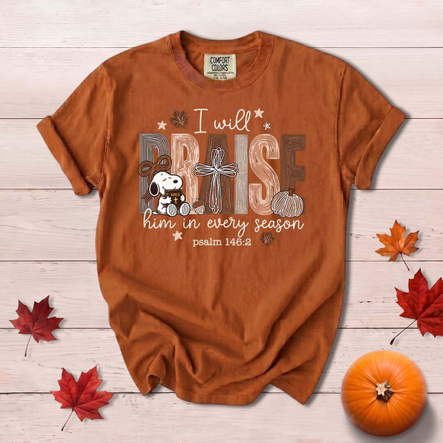 Comfort Colors Praise Him in Every Season Fall Christian Cross Pumpkin T-Shirt