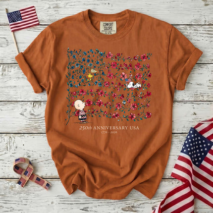 YAM_913d45da-d510-4224-a8dc-c3207fe9be8e - AuraNations - Comfort Colors 250th Anniversary USA Floral Vine Flag Friends T-Shirt - Yam / S - 250TH ANNIVERSARY, ALL, COMFORT COLORS, NO CUSTOM, PRODUCTS, SNPY, TSHIRT