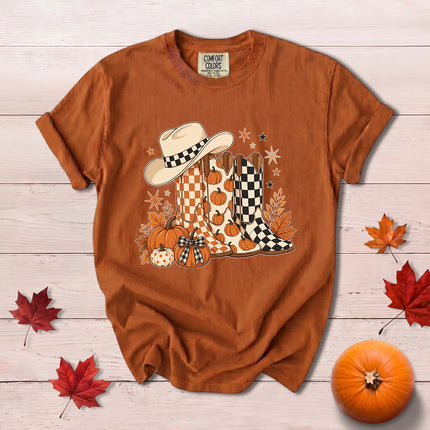 Comfort Colors Fall Cowboy Boots Pumpkin Thanksgiving T-Shirt