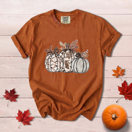 Comfort Colors Cow Print Pumpkin Rustic Fall Thanksgiving T-Shirt