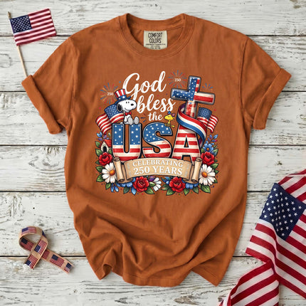 Comfort Colors God Bless The USA Celebrating 250 Years Cross Dog T-Shirt