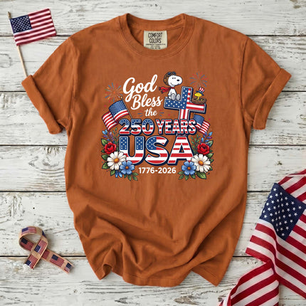Comfort Colors God Bless The USA 250 Years Patriotic Cross T-Shirt