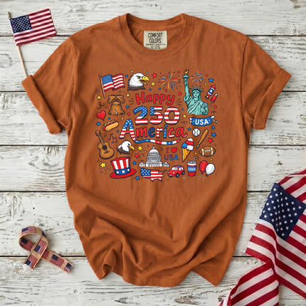 Comfort Colors Happy 250 America Patriotic Icons Doodle T-Shirt