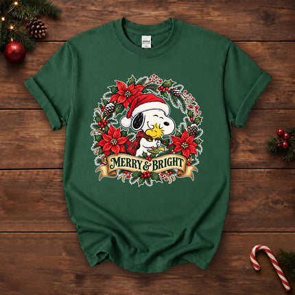 Merry and Bright Christmas Poinsettia Wreath T-Shirt
