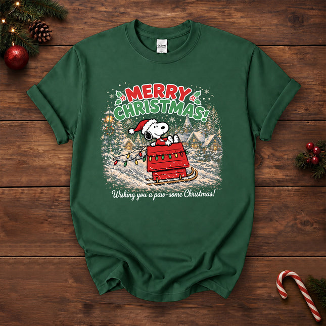 Merry Christmas Snowy Sleigh Village Holiday Lights T-Shirt