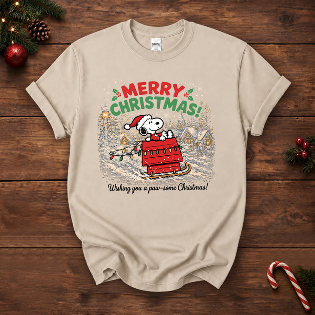 Merry Christmas Snowy Sleigh Village Holiday Lights T-Shirt