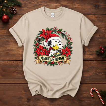 Merry and Bright Christmas Poinsettia Wreath T-Shirt